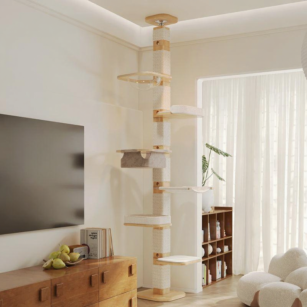 Catvera Floor Ceiling Cat Tree - Image 8|||PROMPT|||Cleaned image. Original analysis: Found 1 watermark - 'MEWCATS' text overlay in white in the top left corner of the image