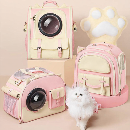 Catvera Foldable Bubble Cat Carrier - Image 12|||PROMPT|||Cleaned image. Original analysis: Found 1 brand logo on the products. There is a small black rectangular label/patch with 'WauDau' branding visible on multiple carrier backpacks in the image.