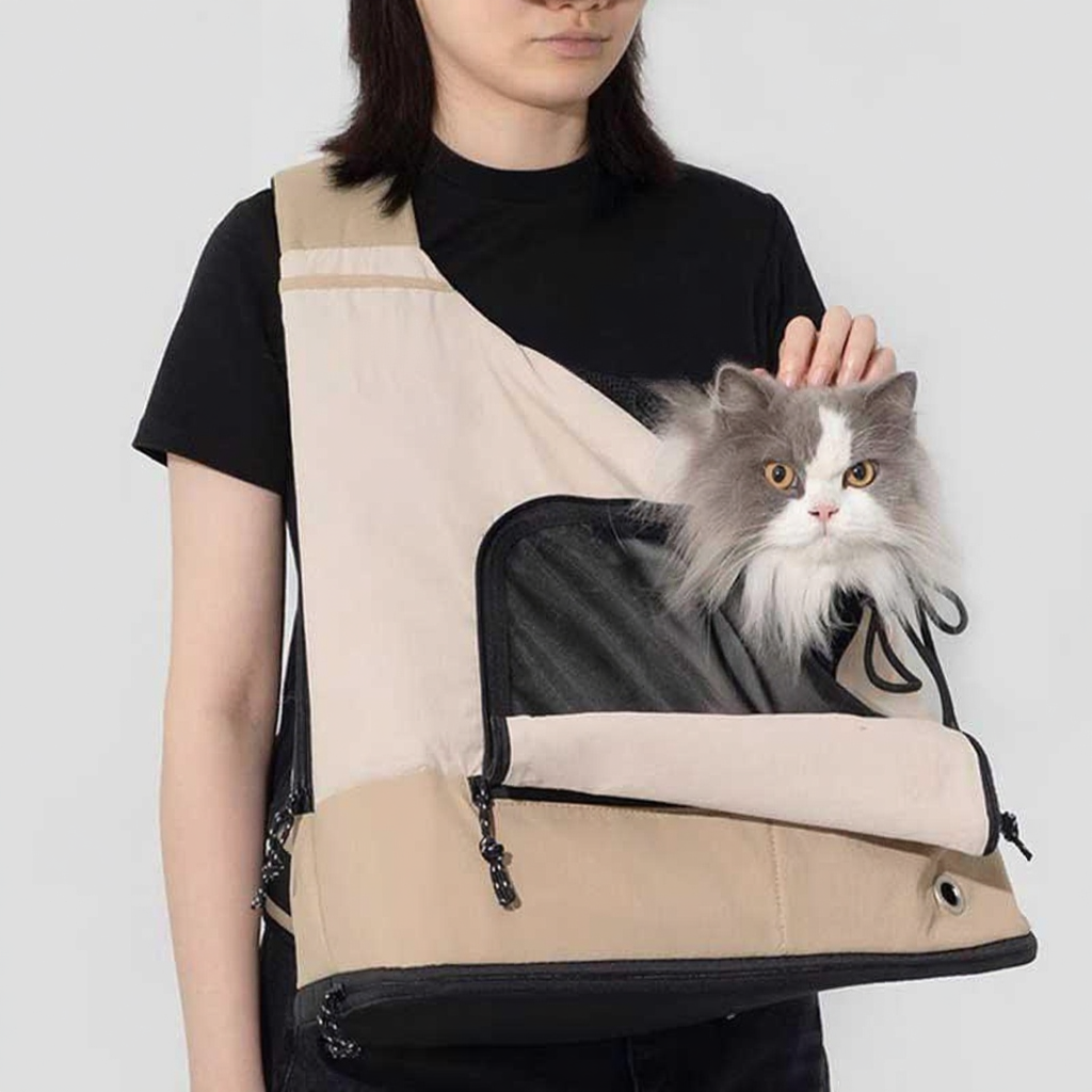 Catvera Front Facing Cat Carrier Backpack - Image 4|||PROMPT|||Cleaned image. Original analysis: Found 2 brand names: 'MEWCATS' watermark text in top left corner, and 'HIDREAM' label patch on the beige carrier bag