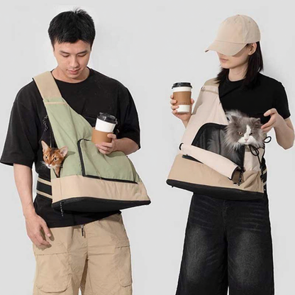Catvera Front Facing Cat Carrier Backpack - Image 7|||PROMPT|||Cleaned image. Original analysis: Found multiple brand names and logos: '%' symbol on left carrier, 'MAKE' text on right person's shirt, cap logo on right person, and text on left person's shirt