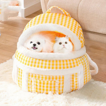 Catvera Front Facing Cat Carrier Backpack - Image 7|||PROMPT|||Cleaned image. Original analysis: Found 1 brand logo/emblem on the pet bed product itself - a cute bear face emblem with what appears to be a brand mark stitched or printed on the front center of the yellow and white checkered pet carrier/bed.
