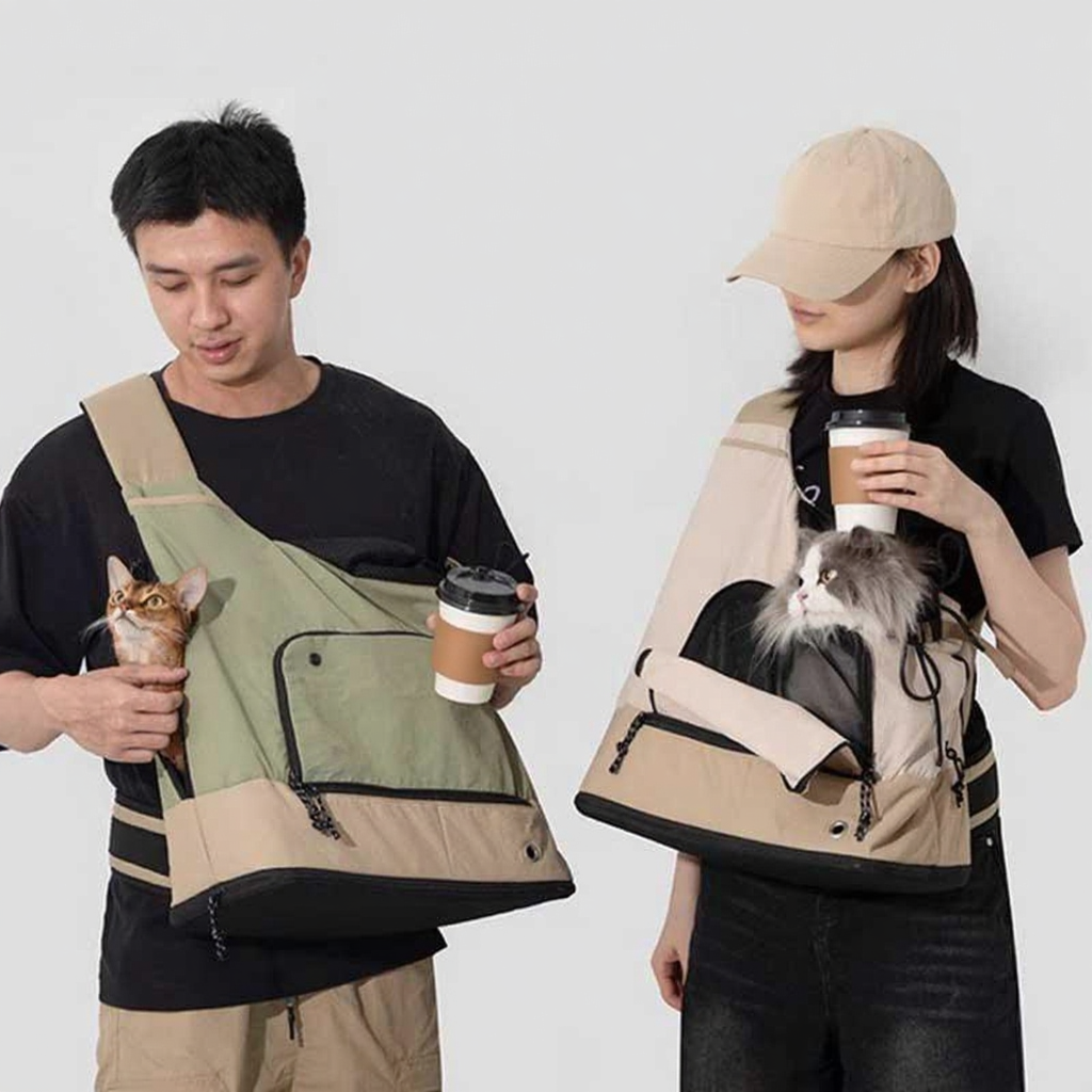 Catvera Front Facing Cat Carrier Backpack - Image 8|||PROMPT|||Cleaned image. Original analysis: Found multiple brand names and logos: 'BELLO' text visible on the pet carrier fabric on both the left and right carriers, small brand labels/patches visible on both carriers, and a beige/tan cap with embossed branding on the right person