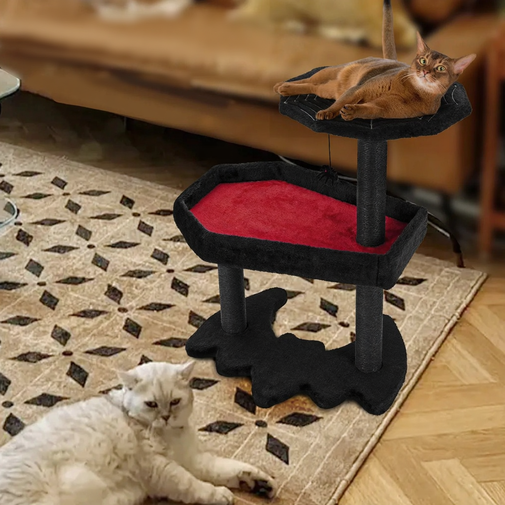 Catvera Gothic Coffin Cat Tree Tower - Image 2|||PROMPT|||Cleaned image. Original analysis: found Chinese text overlay with brand messaging and descriptive text, bat decorative elements, and informational Chinese text on product