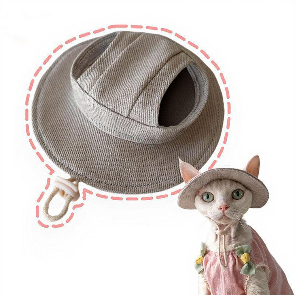 Catvera Hairless Cat Sun Hat - Image 6|||PROMPT|||Cleaned image. Original analysis: Found 1 brand name embossed/stitched on the product itself - 'MEIKOU' visible on the pink garment worn by the cat