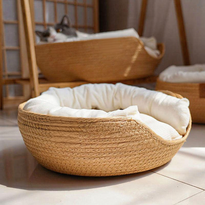 Catvera Handwoven Cooling Cat Bed - Image 7|||PROMPT|||Cleaned image. Original analysis: Found 1 brand logo/emblem on the product - a brown leather patch with an embossed symbol on the front of the basket