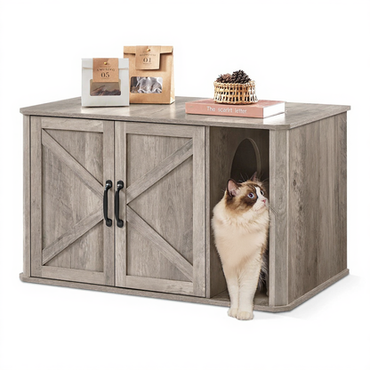 Catvera Hidden Litter Box Cabinet - Image 7|||PROMPT|||Cleaned image. Original analysis: Found 1 brand name printed on the cat's bandana/collar and 1 brand name on a book spine on top of the furniture