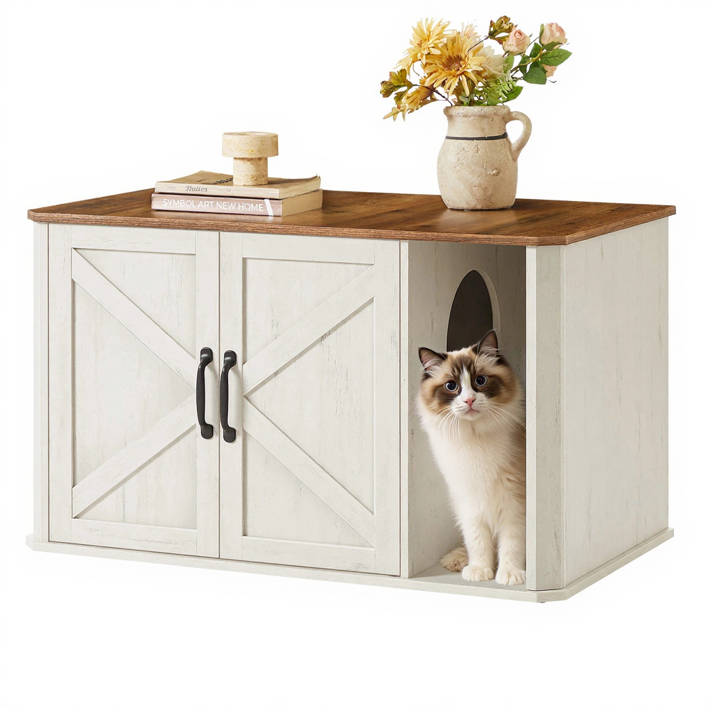 Catvera Hidden Litter Box Cabinet - Image 8|||PROMPT|||Cleaned image. Original analysis: Found 1 brand name on the cat's bandana/collar and 1 text overlay watermark on books
