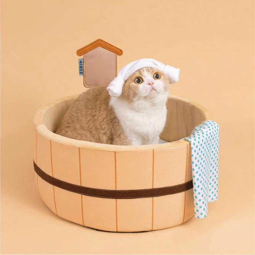 Catvera Japanese Hot Spring Cat Bed - Image 4|||PROMPT|||Cleaned image. Original analysis: found 1 watermark text overlay and 1 brand name on the wooden signage attached to the product