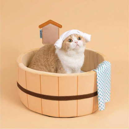 Catvera Japanese Hot Spring Cat Bed - Image 4|||PROMPT|||Cleaned image. Original analysis: found 1 watermark text overlay and 1 brand name on the wooden signage attached to the product