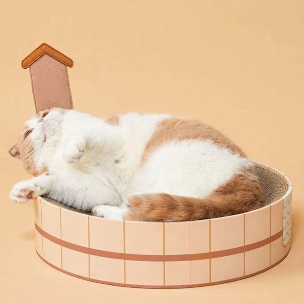 Catvera Japanese Hot Spring Cat Bed - Image 7|||PROMPT|||Cleaned image. Original analysis: Found 1 brand name/watermark: Japanese characters (likely a brand mark) on the wooden sign/plaque attached to the top of the wooden bath tub