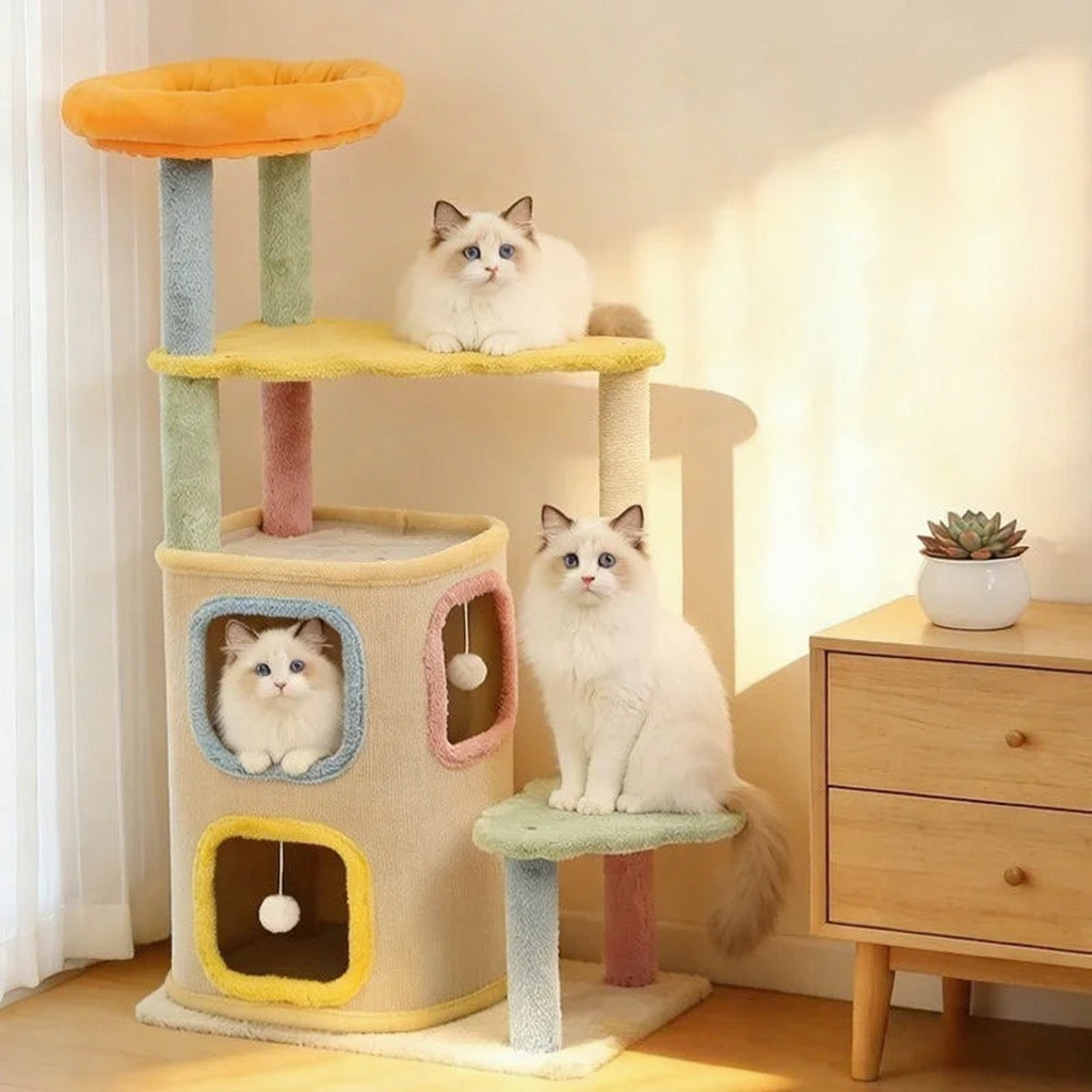 Catvera Macaron Multi-Level Cat Tree - Image 2|||PROMPT|||Cleaned image. Original analysis: Found English text overlay on the right side containing product description and multi-language text (including CJK characters) indicating multi-country application