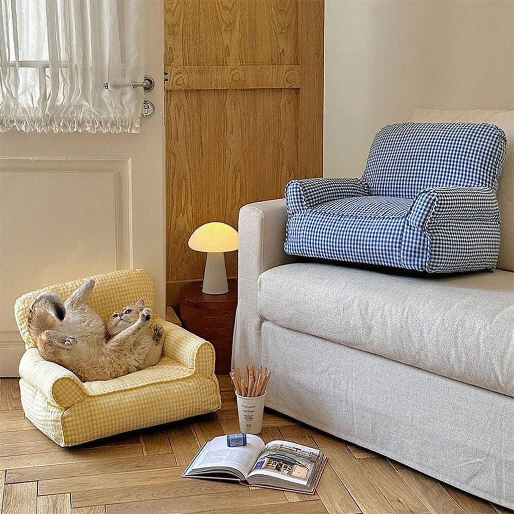Catvera Miniature Armchair Cat Sofa Bed - Image 15|||PROMPT|||Cleaned image. Original analysis: Found 3 instances of brand name 'COOGO' stitched/embossed directly on products: on the yellow gingham pet bed, on the blue gingham cushion/pillow, and on the beige sofa