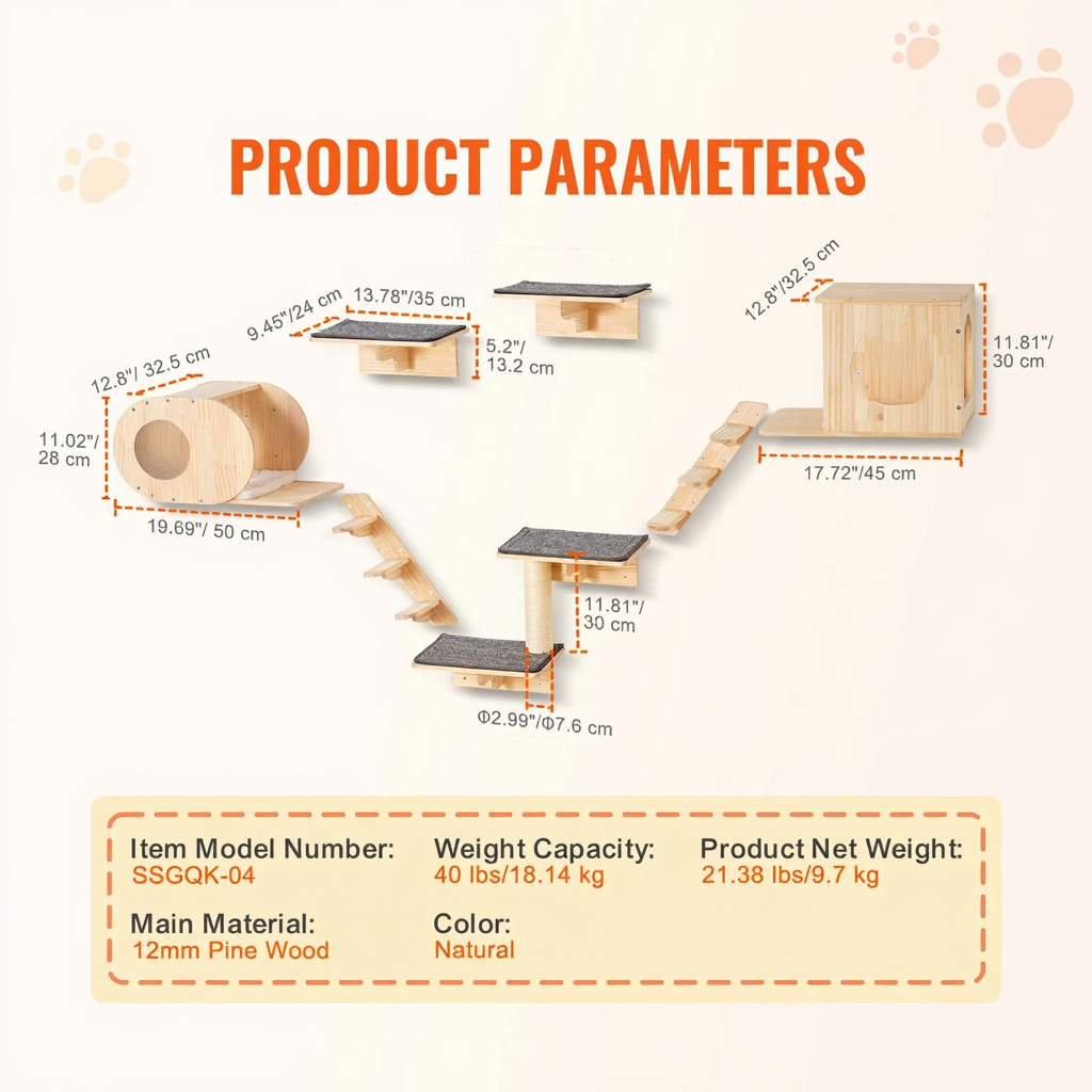 Catvera Modular Cat Wall Climbing System - Image 7|||PROMPT|||Cleaned image. Original analysis: Found VEVOR brand logo and tagline in top left corner, and model number/branding information in the product specifications box at bottom