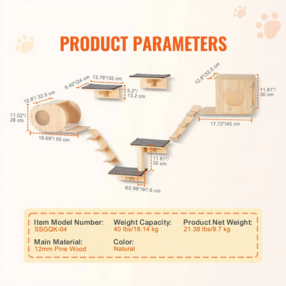 Catvera Modular Cat Wall Climbing System - Image 7|||PROMPT|||Cleaned image. Original analysis: Found VEVOR brand logo and tagline in top left corner, and model number/branding information in the product specifications box at bottom