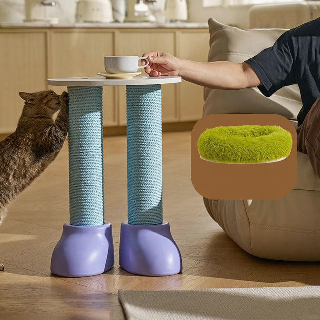 Catvera Multi-Function Cat Scratching Bed - Image 4|||PROMPT|||Cleaned image. Original analysis: Found 1 brand name embossed/printed on the purple base of the cat tree furniture