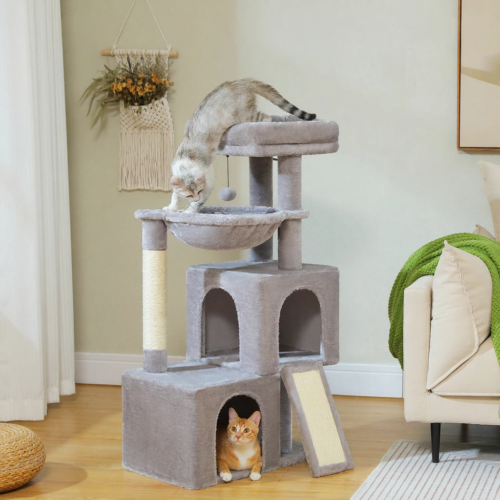 Catvera Multi-Level Cat Tree Tower - Image 1|||PROMPT|||Cleaned image. Original analysis: Found 1 watermark and 1 brand name: 'PAW ROAD' logo with tagline in top left corner, and 'ALL IN ONE VERSATILE CENTER' promotional text overlay at top
