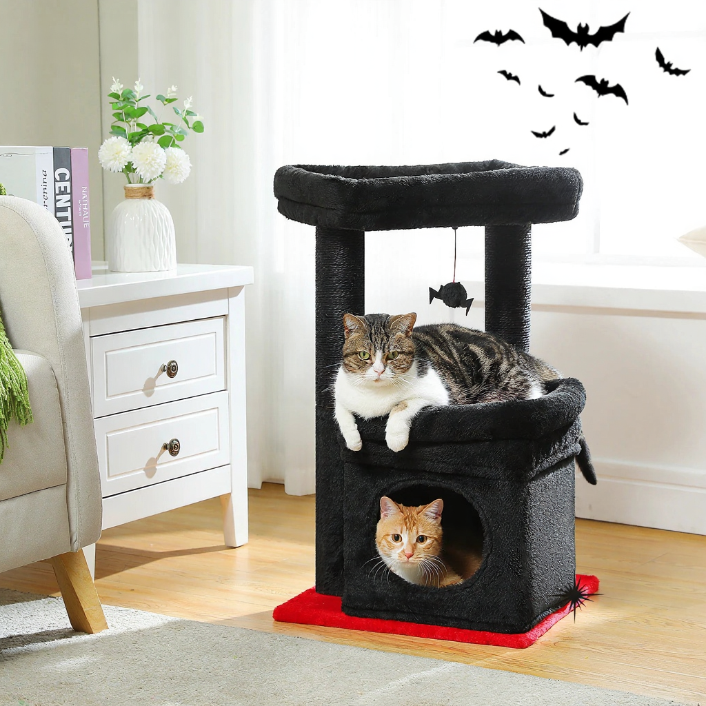 Catvera Multi-Level Cat Tree Tower - Image 5|||PROMPT|||Cleaned image. Original analysis: found 1 watermark/logo in top left corner (PAW ROAD with tagline), kept product and decorative elements