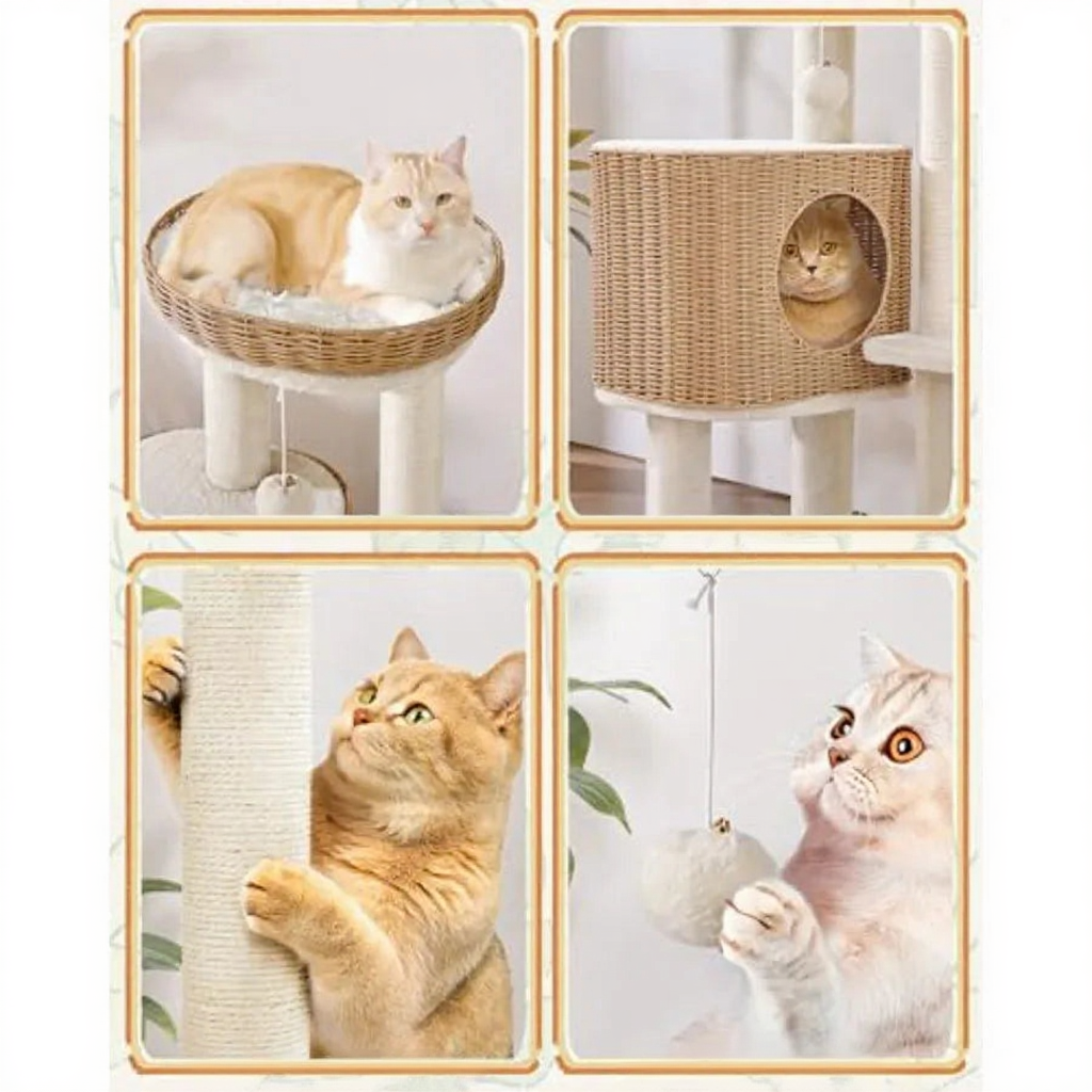 Catvera Multi-Level Rattan Cat Tree - Image 4|||PROMPT|||Cleaned image. Original analysis: Found 4 product name labels with descriptive text overlays at the bottom of each cat furniture product image