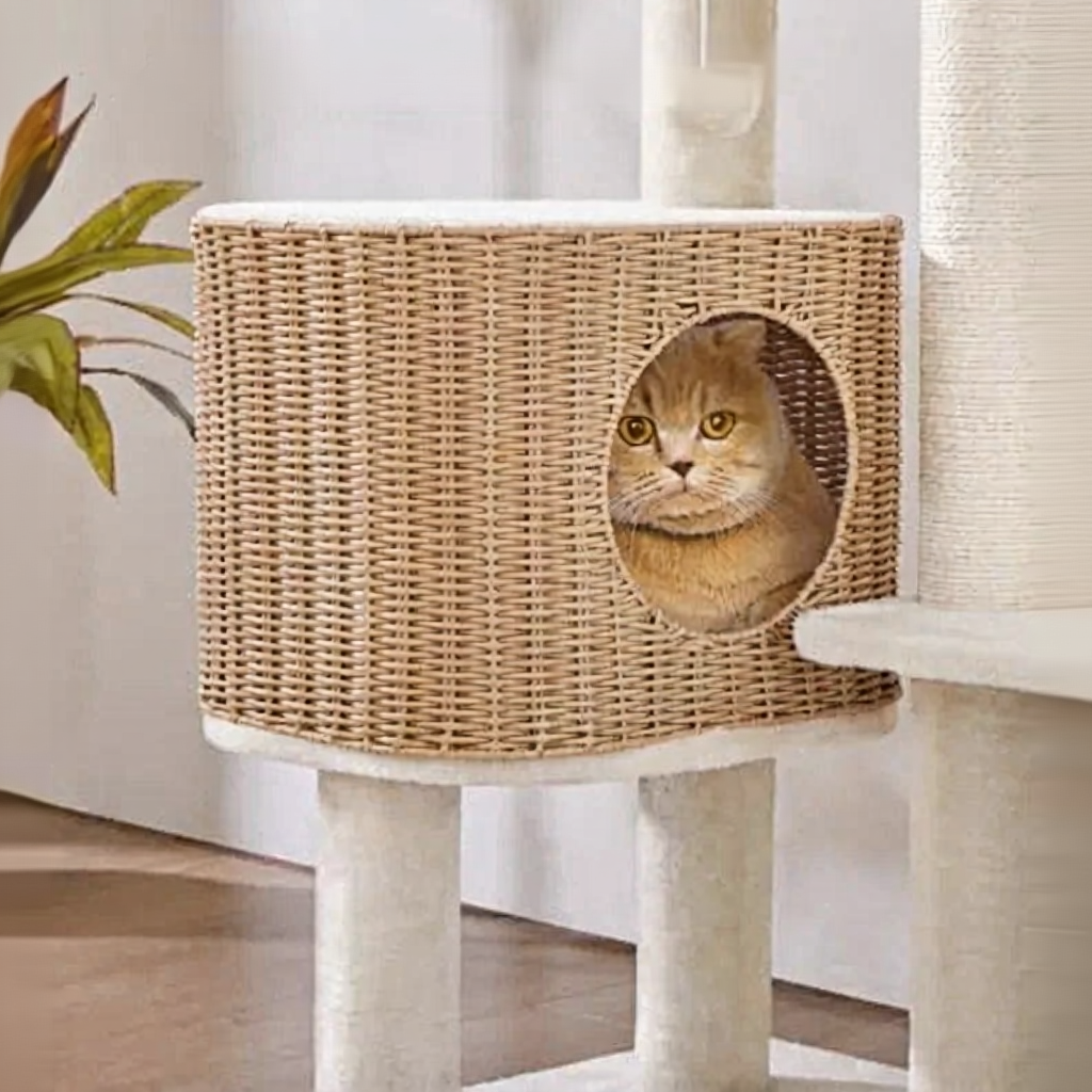 Catvera Multi-Level Rattan Cat Tree - Image 6|||PROMPT|||Cleaned image. Original analysis: found 1 watermark text overlay at the top of the image