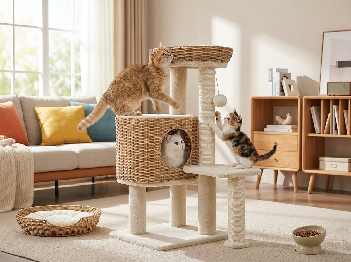 Catvera Multi-Level Rattan Cat Tree - Built for Active Cats Who Love to Climb