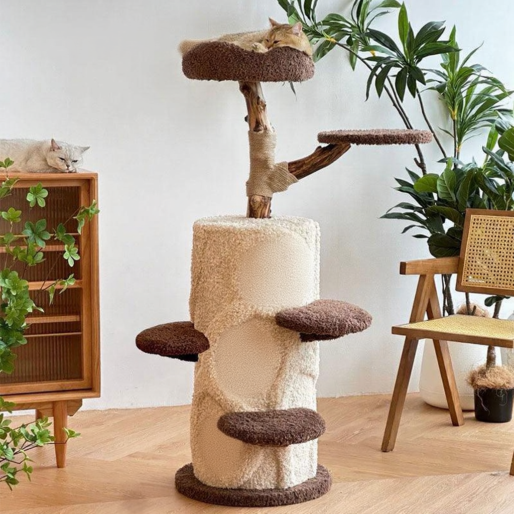 Catvera Multi-Level Wooden Cat Tree - Image 4|||PROMPT|||Cleaned image. Original analysis: found 1 watermark text overlay - 'MEWCATS' in white text at the top left corner of the image