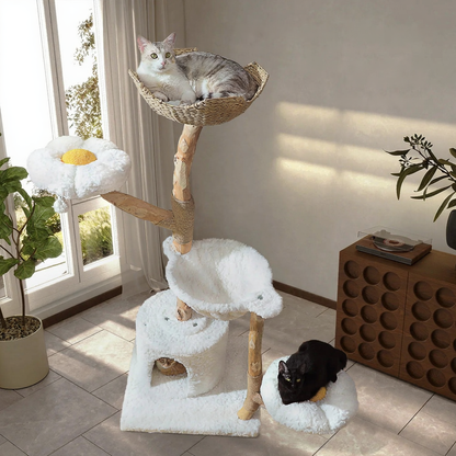 Catvera Natural Wood Flower Cat Tree - Image 3|||PROMPT|||Cleaned image. Original analysis: Found promotional/informational text overlay in top right corner and product design text on the cat tree itself