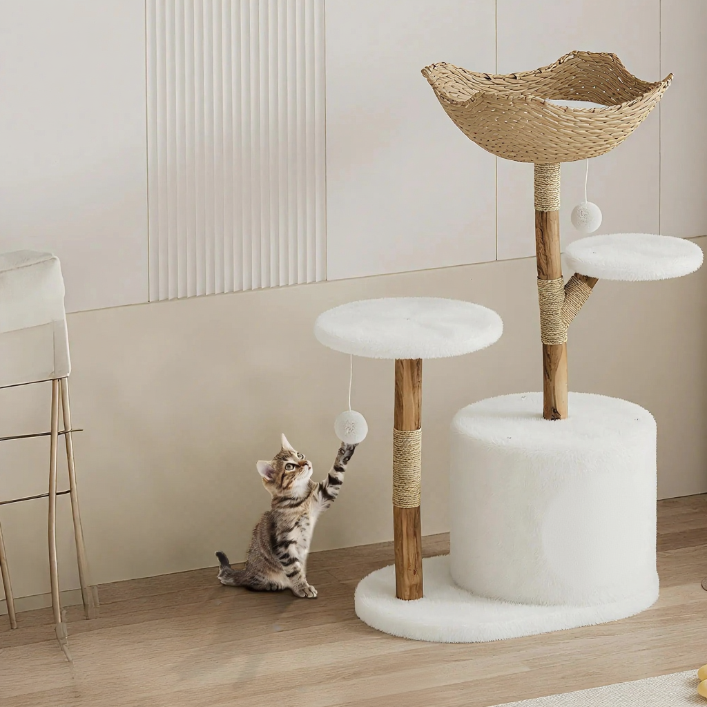 Catvera Natural Wood Multi-Level Cat Tree - Image 2|||PROMPT|||Cleaned image. Original analysis: Found 1 watermark/logo at the bottom center of the image - a paw print icon in an orange/brown circle