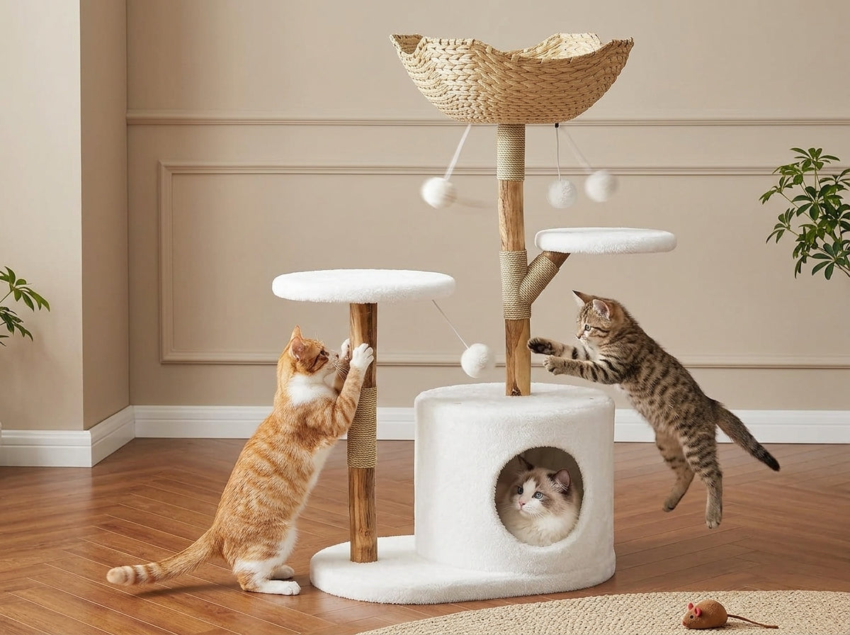 Catvera Natural Wood Multi-Level Cat Tree - Built to Survive Daily Cat Adventures