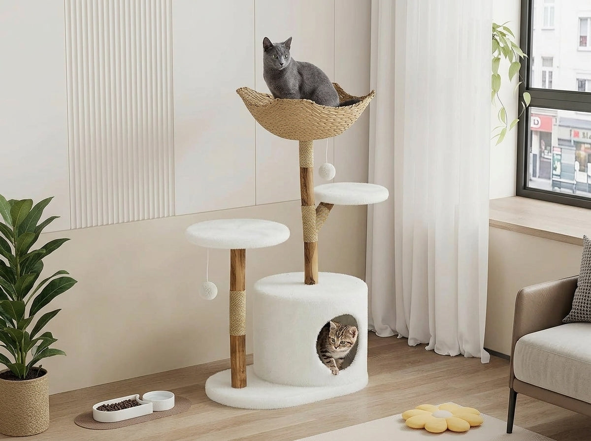 Catvera Natural Wood Multi-Level Cat Tree - Transforms Any Corner Into Cat Paradise