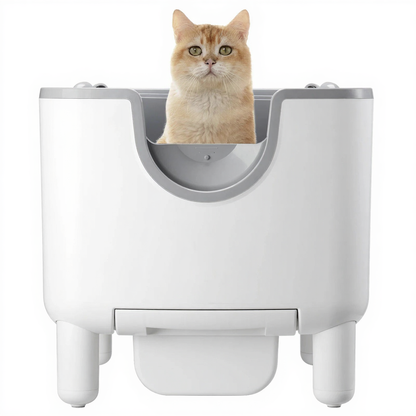 Catvera Open-Top Self-Cleaning Litter Box - Image 1|||PROMPT|||Cleaned image. Original analysis: Found 1 brand name and 1 logo printed directly on the product. The 'Furoomate' brand name and accompanying logo are embossed/printed on the front center of the white litter box housing.