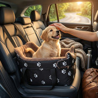 Catvera Oxford Travel Pet Bed - Main Product Image|||PROMPT|||Lifestyle shot of a happy golden retriever puppy sitting comfortably in the Catvera Oxford Travel Pet Bed inside a modern SUV during golden hour, with warm sunlight streaming through the window, owner's hand gently petting the dog, cozy blankets and travel accessories visible in the background, shallow depth of field creating a dreamy bokeh effect
