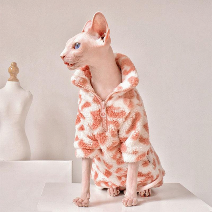 Catvera Pink Leopard Sphynx Sweatshirt - Image 1|||PROMPT|||Cleaned image. Original analysis: Found 1 brand logo on the product itself - 'MF' logo patch stitched on the jacket worn by the cat figure