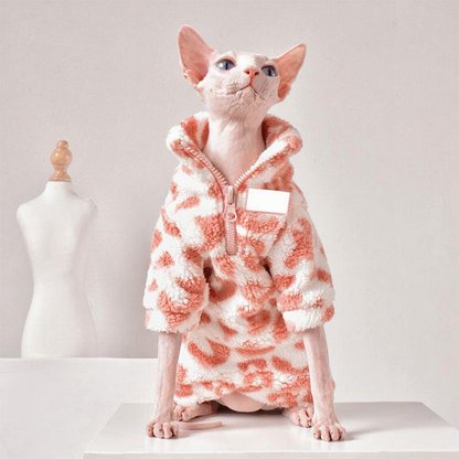 Catvera Pink Leopard Sphynx Sweatshirt - Image 3|||PROMPT|||Cleaned image. Original analysis: Found 1 brand logo on the product - blue 'MF' logo patch on the fleece jacket worn by the cat figure