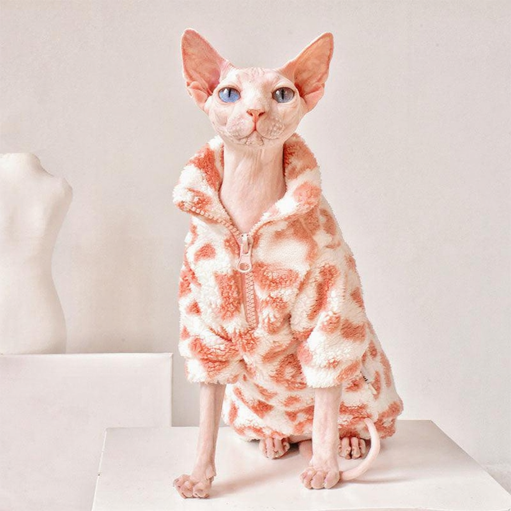 Catvera Pink Leopard Sphynx Sweatshirt - Image 4|||PROMPT|||Cleaned image. Original analysis: Found 1 brand logo on the product - 'MF' text/logo on the fleece jacket worn by the cat