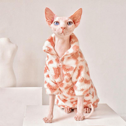 Catvera Pink Leopard Sphynx Sweatshirt - Image 4|||PROMPT|||Cleaned image. Original analysis: Found 1 brand logo on the product - 'MF' text/logo on the fleece jacket worn by the cat