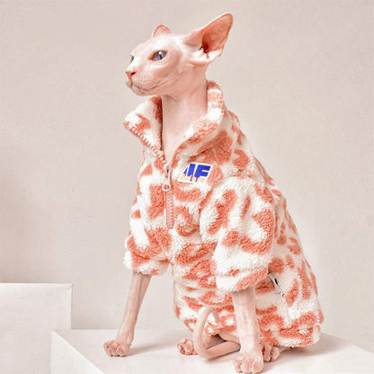 Catvera Pink Leopard Sphynx Sweatshirt - Image 6|||PROMPT|||Cleaned image. Original analysis: Found 2 branding elements: 'MEWCATS' text overlay in top left corner, and 'MF' logo patch on the garment worn by the cat