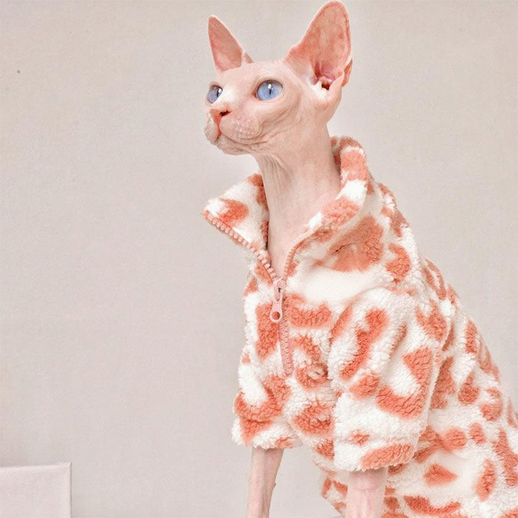 Catvera Pink Leopard Sphynx Sweatshirt - Image 7|||PROMPT|||Cleaned image. Original analysis: Found 1 brand logo on the product - 'MF' logo patch on the fleece jacket worn by the cat