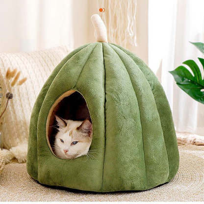 Catvera Pumpkin Cat Cave Bed - Image 1|||PROMPT|||Cleaned image. Original analysis: Found 1 brand name stitched/embossed on the product - 'nll' visible on the lower left side of the green cat bed