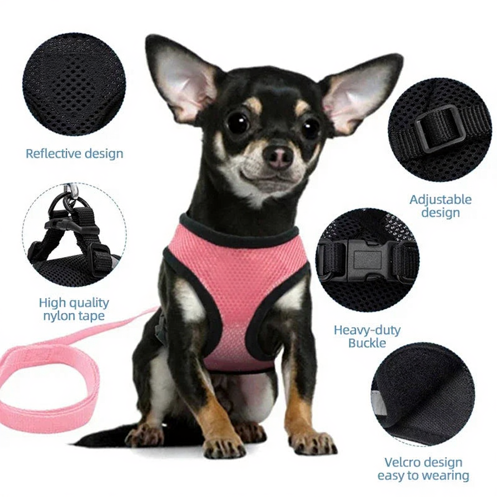 Catvera Reflective Mesh Pet Harness - Image 3|||PROMPT|||Cleaned image. Original analysis: Found 1 brand logo/watermark on the harness itself - a paw print shield emblem visible on the pink harness front panel
