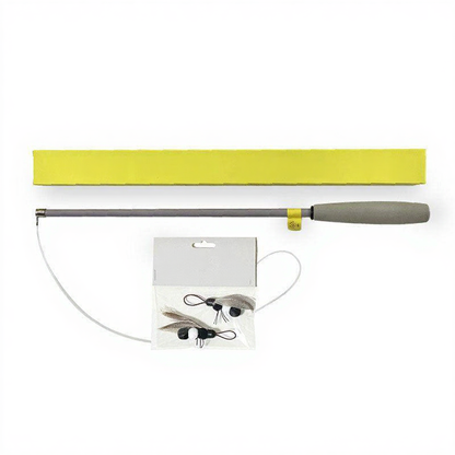Catvera Retractable 180cm Cat Teaser - Image 2|||PROMPT|||Cleaned image. Original analysis: Found 3 brand names: 'Hunting-master' on the yellow product box at top, 'MORAL FORCE' on the white package insert in the center, and Chinese text '狩猎大师' (hunting master translation) on the box. Also found decorative icons (cat and dog illustrations) on the main box.