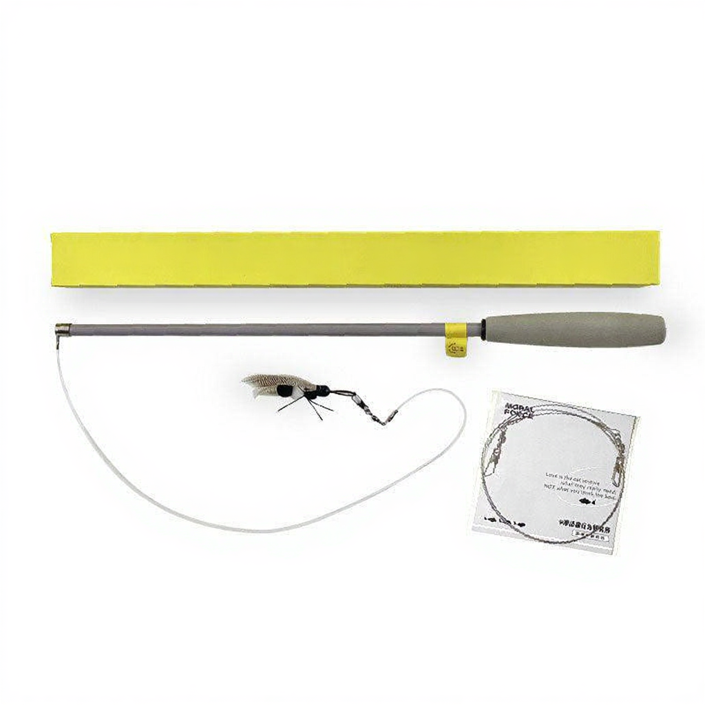 Catvera Retractable 180cm Cat Teaser - Image 3|||PROMPT|||Cleaned image. Original analysis: Found multiple brand names and logos: 'Hunting-master' text and logo on the yellow box/header, 'MOBAL' text on the instruction packet, and Japanese characters/branding on packaging and product labels