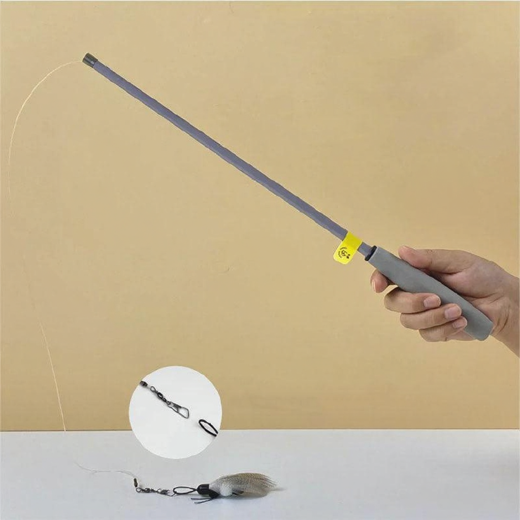 Catvera Retractable 180cm Cat Teaser - Image 8|||PROMPT|||Cleaned image. Original analysis: Found 1 watermark logo in the upper right corner (circular leaf/plant icon) and 1 brand marking on the fishing rod handle (yellow label with brand identifier near the grip area)