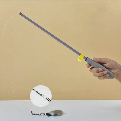 Catvera Retractable 180cm Cat Teaser - Image 8|||PROMPT|||Cleaned image. Original analysis: Found 1 watermark logo in the upper right corner (circular leaf/plant icon) and 1 brand marking on the fishing rod handle (yellow label with brand identifier near the grip area)