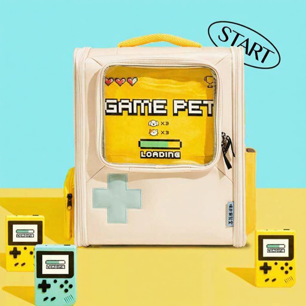 Catvera Retro Gaming Cat Carrier Backpack - Image 3|||PROMPT|||Cleaned image. Original analysis: Found 1 watermark text overlay and branding elements on the gaming device