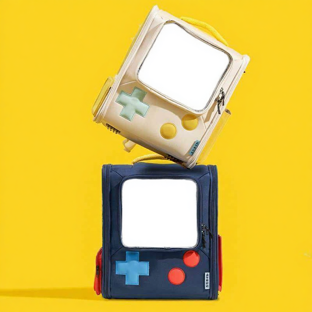 Catvera Retro Gaming Cat Carrier Backpack - Image 4|||PROMPT|||Cleaned image. Original analysis: Found 'GAME FET' text displayed on both device screens (upper device and lower device), which appears to be branding/product name printed on the LCD displays of the handheld gaming devices