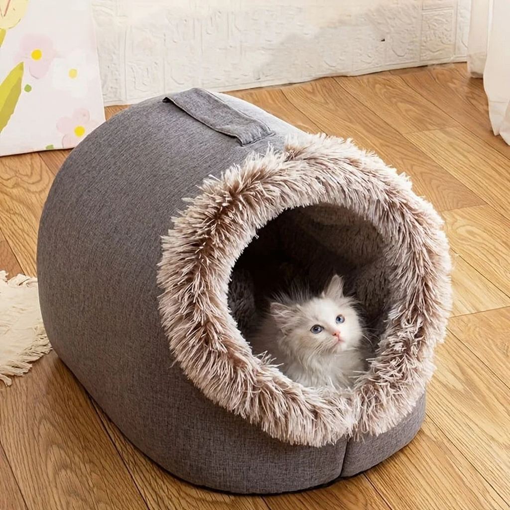 Catvera Self-Warming Cat Cave Bed - Image 1|||PROMPT|||Cleaned image. Original analysis: Found 1 brand name watermark at the top left of the image