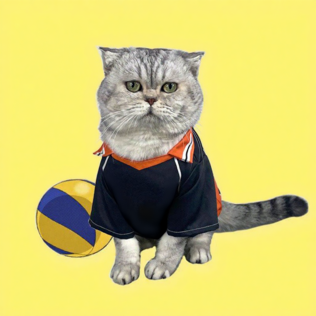 Catvera Shoyo Hinata Volleyball Cosplay Costume - Image 10|||PROMPT|||Cleaned image. Original analysis: found Japanese text watermark 'ハイキック!' (High Kick) at top left, large white and orange text overlay 'HAIKICK' and 'STAR SHIN' repeated across the background, and a brand/team logo on the cat's jersey
