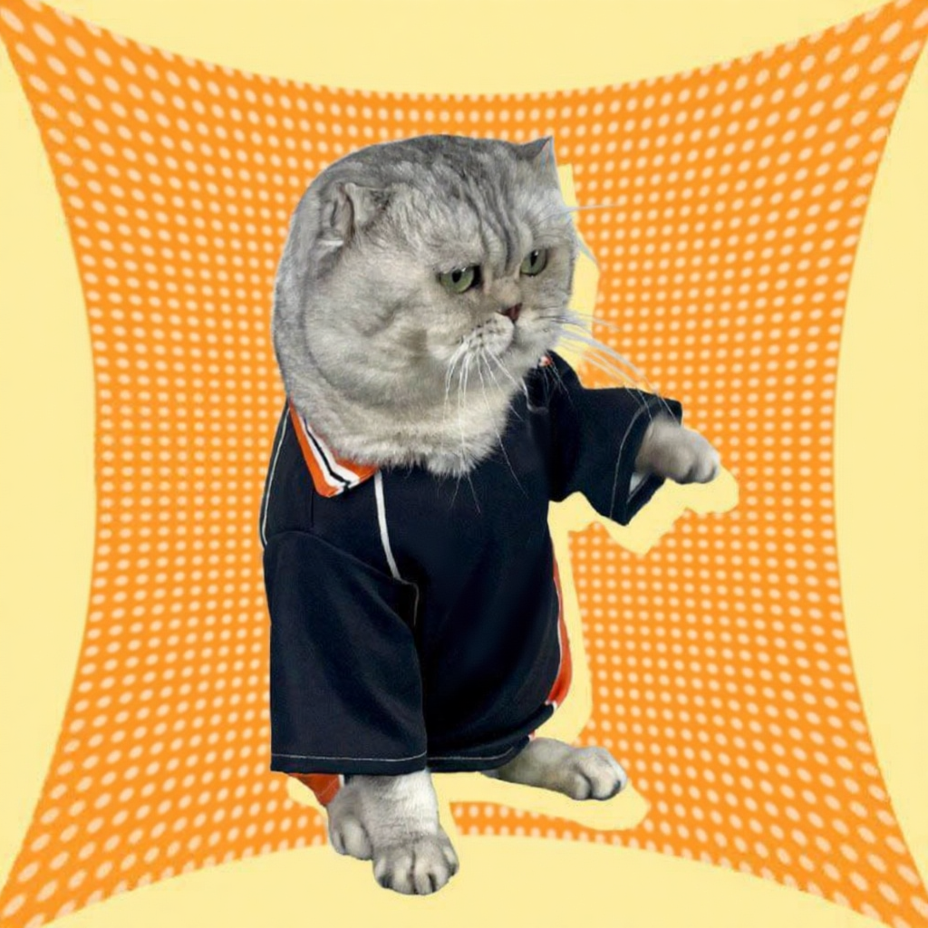 Catvera Shoyo Hinata Volleyball Cosplay Costume - Image 11|||PROMPT|||Cleaned image. Original analysis: found multiple brand names and logos: Japanese text 'ハイキュー!!' (Haikyuu!!) at top, large white text overlays reading 'HAIKYU', 'IS THAT', and 'A BALL?' across the image, a volleyball logo in the top right, and what appears to be a jersey number '10' on the cat's black sports uniform