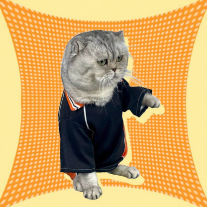 Catvera Shoyo Hinata Volleyball Cosplay Costume - Image 11|||PROMPT|||Cleaned image. Original analysis: found multiple brand names and logos: Japanese text 'ハイキュー!!' (Haikyuu!!) at top, large white text overlays reading 'HAIKYU', 'IS THAT', and 'A BALL?' across the image, a volleyball logo in the top right, and what appears to be a jersey number '10' on the cat's black sports uniform
