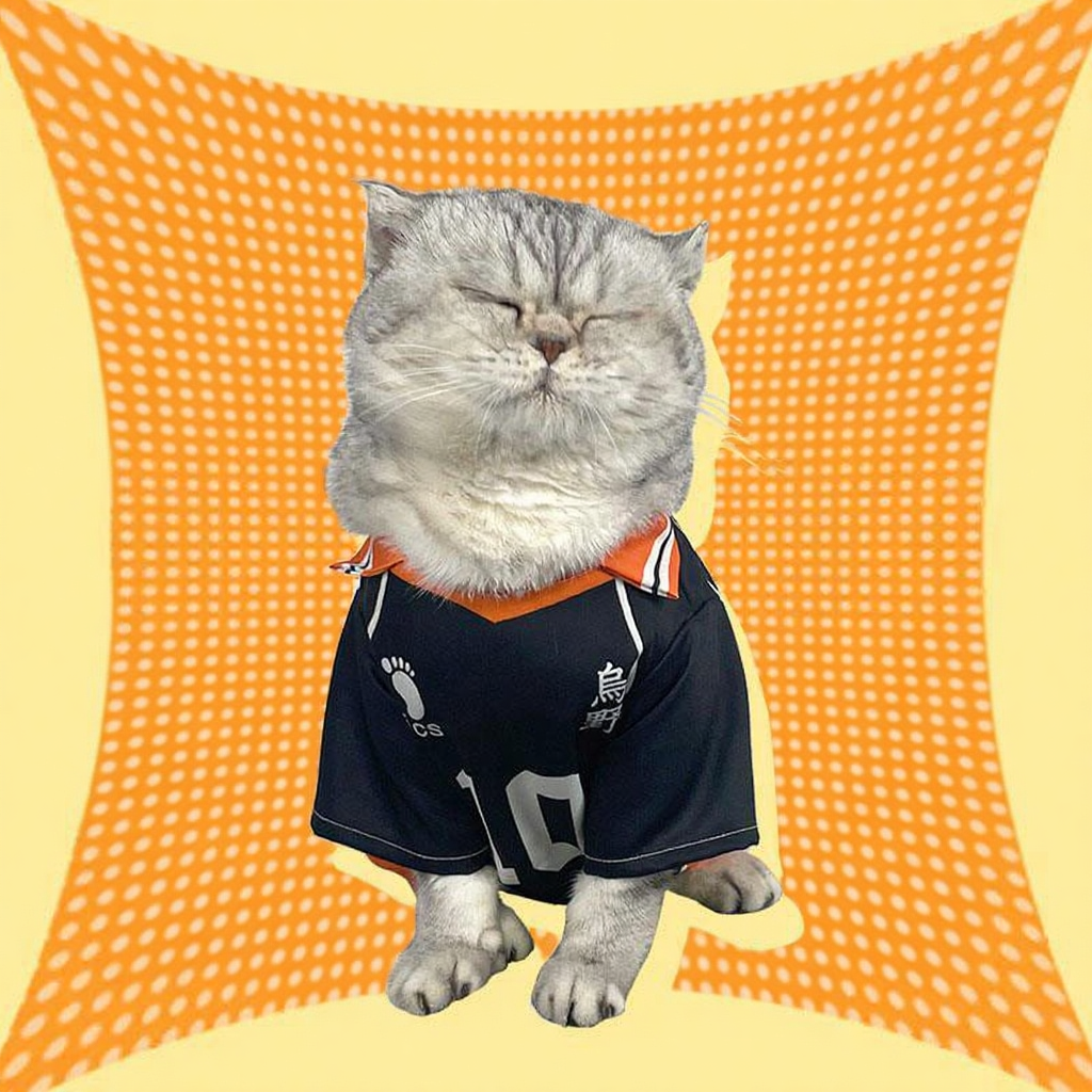 Catvera Shoyo Hinata Volleyball Cosplay Costume - Image 12|||PROMPT|||Cleaned image. Original analysis: Found multiple branding elements: Japanese text 'ハイキュー!!' (Haikyu!!) at top left, large white text overlay 'HAIKYU TO THE TOP' spanning across the image, a volleyball with brand/logo at top right, and a sports jersey with team crest/logo on the cat